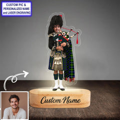 Custom Bagpipe MacNeil of Barra Modern Tartan LED Night Light - Personalized Scottish Bagpiper Figurine with Wooden Stand
