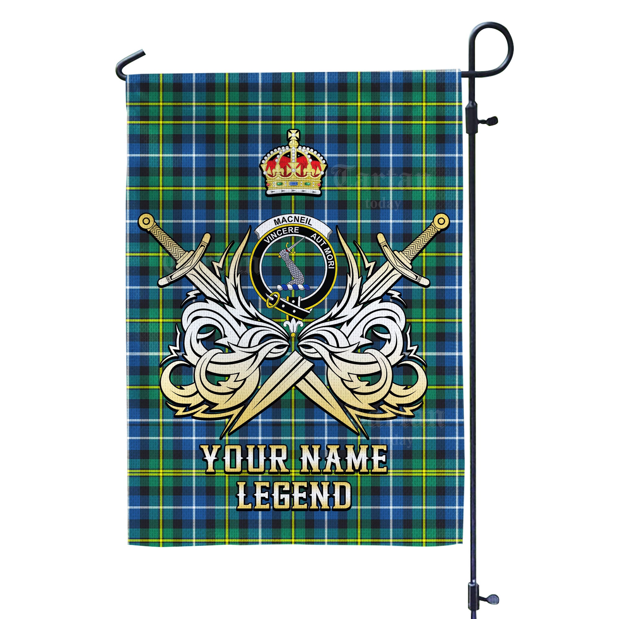 Custom Name Clan MacNeill of Barra Ancient Tartan Garden Flag with Clan Crest and the Golden Sword of Courageous Legacy VA38