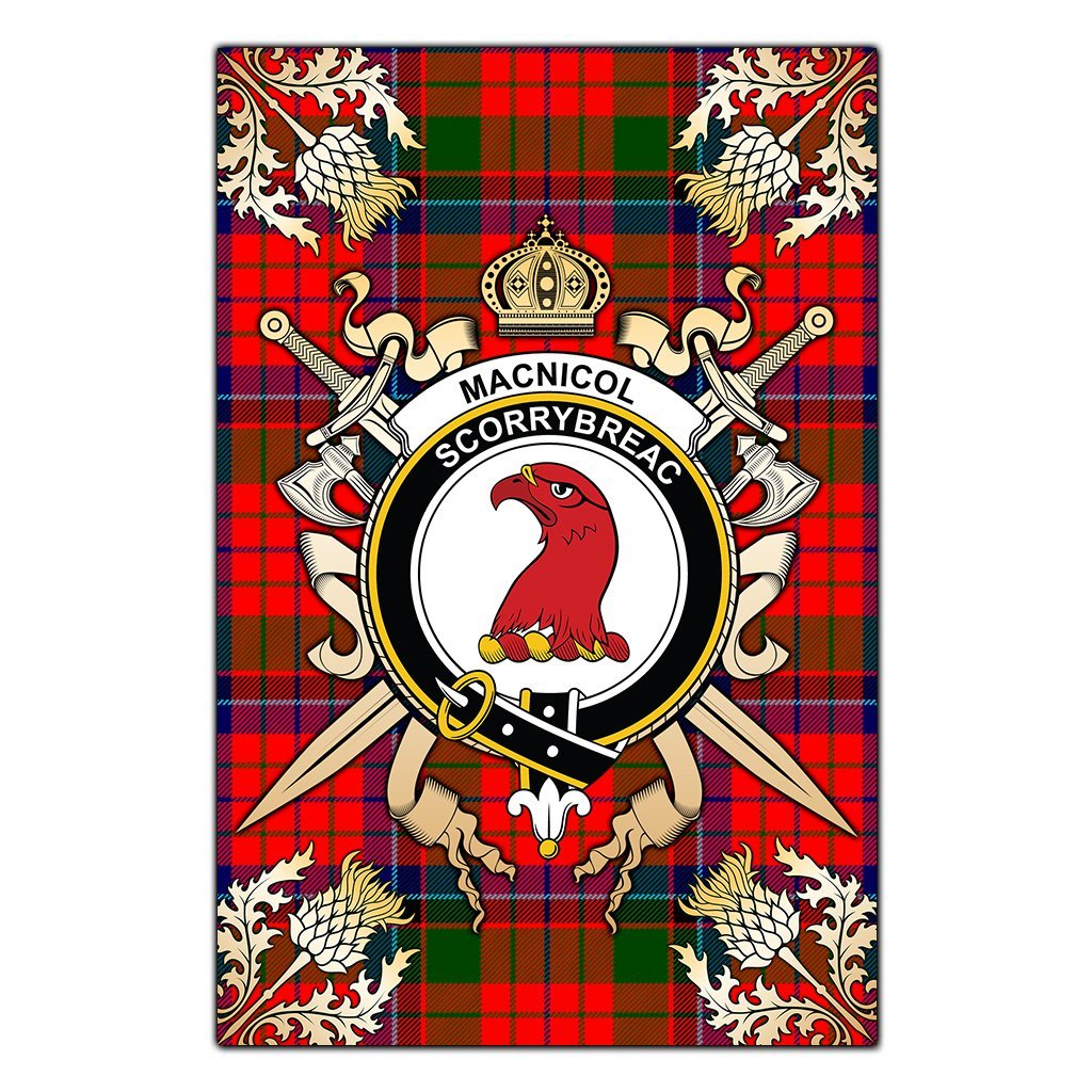 Clan MacNicol of Scorrybreac Tartan Crest Black Garden Flag  - Gold Thistle  AW41 Clan MacNicol Tartan Today   