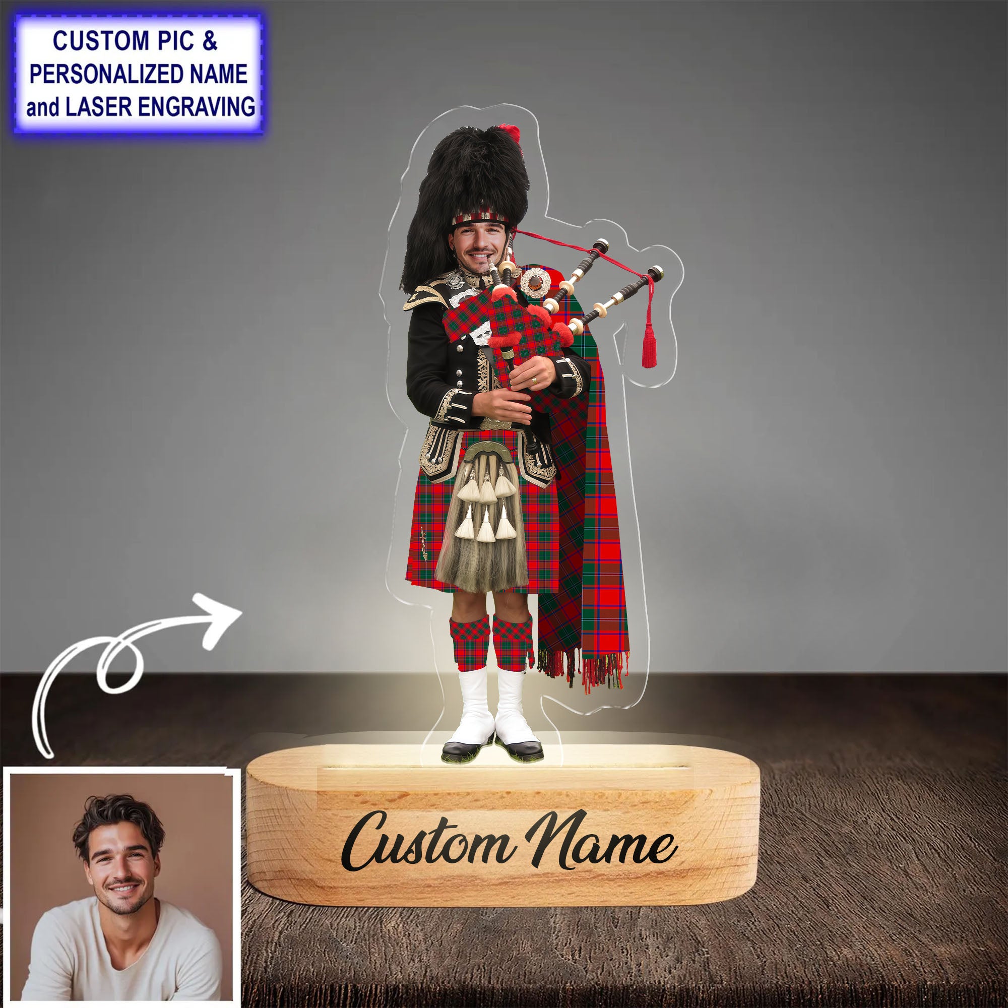 Custom Bagpipe MacPhail Tartan LED Night Light - Personalized Scottish Bagpiper Figurine with Wooden Stand