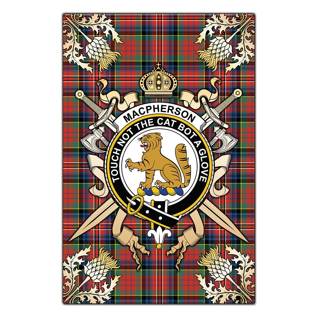 Clan MacPherson Ancient Tartan Crest Black Garden Flag  - Gold Thistle  HM29 Clan MacPherson Tartan Today   