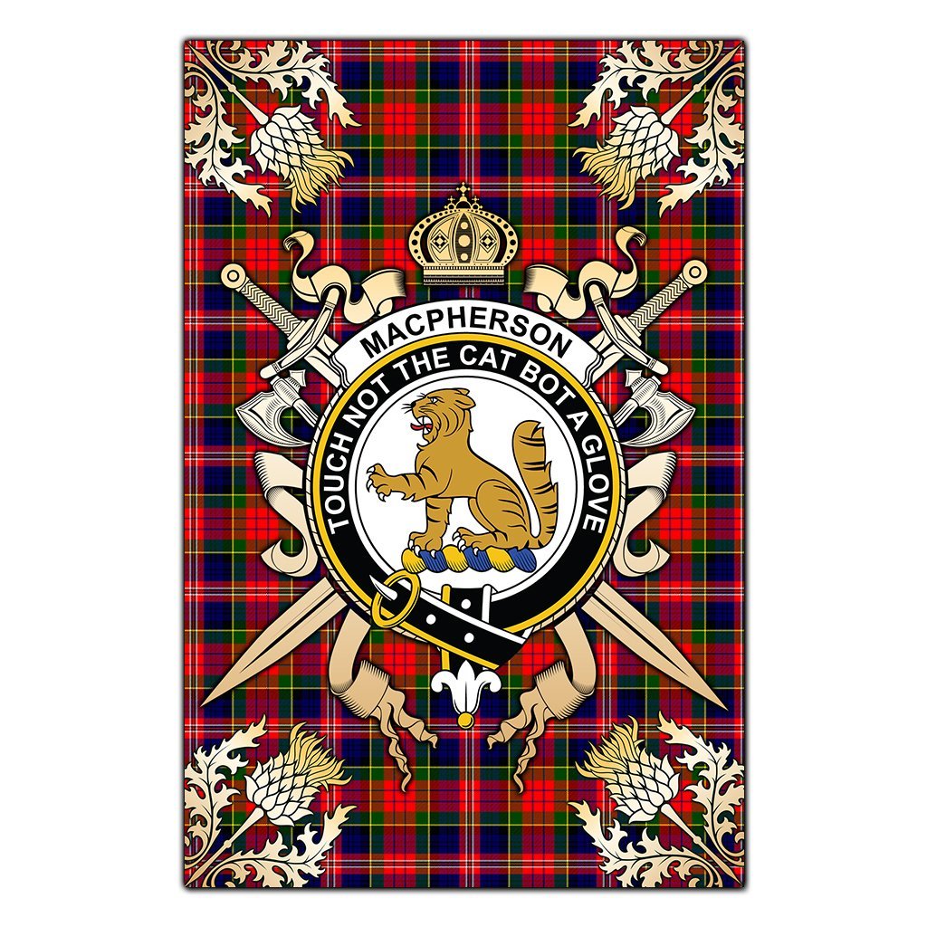 Clan MacPherson Modern Tartan Crest Black Garden Flag  - Gold Thistle  XB31 Clan MacPherson Tartan Today   