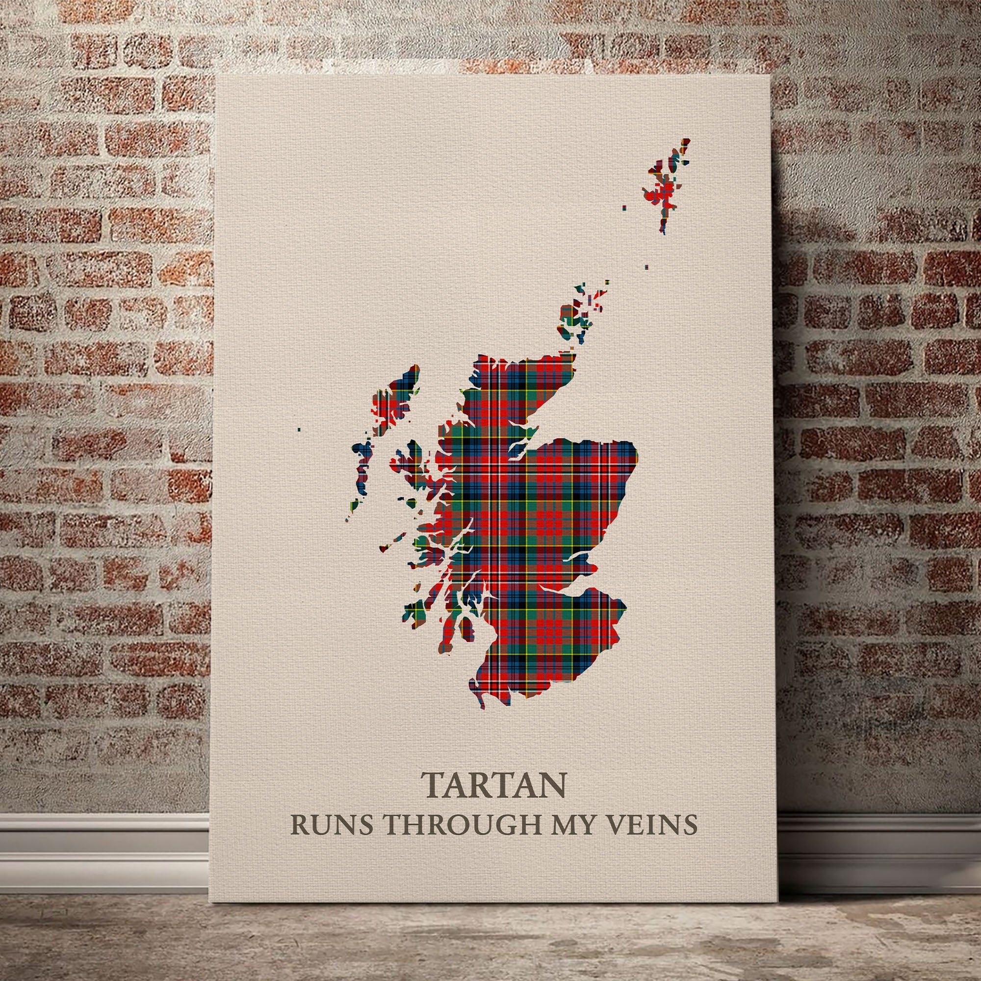 MacPherson Ancient Tartan Scotland Map Canvas – “Tartan Runs Through My Veins” Wall Art