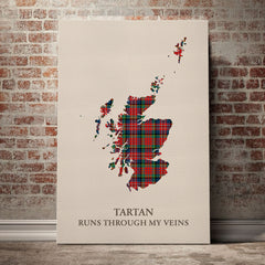 MacPherson Ancient Tartan Scotland Map Canvas – “Tartan Runs Through My Veins” Wall Art