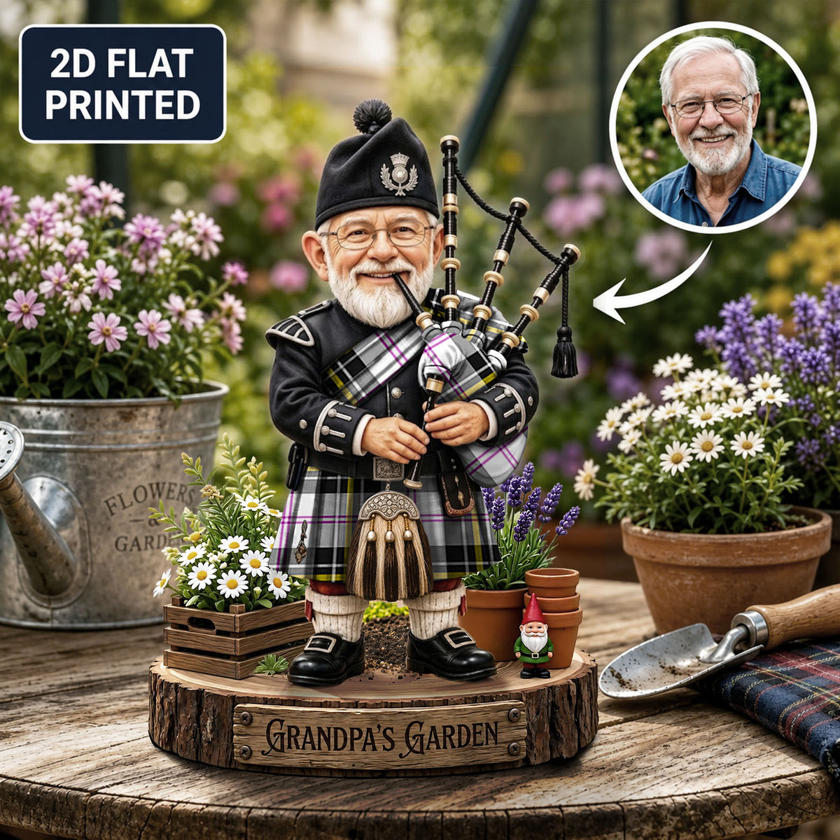 Personalized MacPherson Dress Modern Clan Bagpipe Garden Gnome Caricature Plaque Custom Photo, Any Clan Tartan, Wood or Acrylic, Grandpa & Dad Gift, Scottish Highland Garden Decor CN14