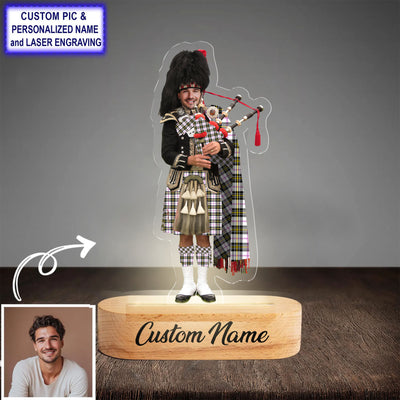Custom Bagpipe MacPherson Dress Modern Tartan LED Night Light - Personalized Scottish Bagpiper Figurine with Wooden Stand