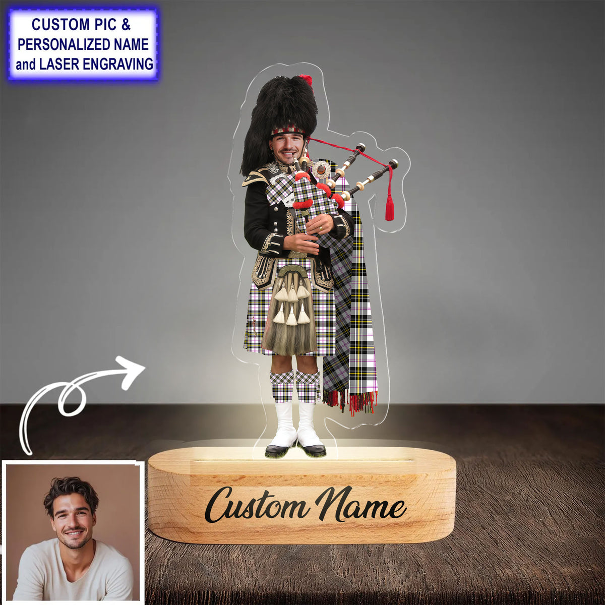 Custom Bagpipe MacPherson Dress Modern Tartan LED Night Light - Personalized Scottish Bagpiper Figurine with Wooden Stand