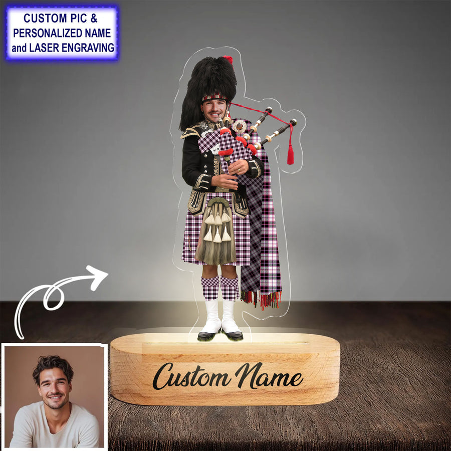 Custom Bagpipe MacPherson Hunting Modern Tartan LED Night Light - Personalized Scottish Bagpiper Figurine with Wooden Stand