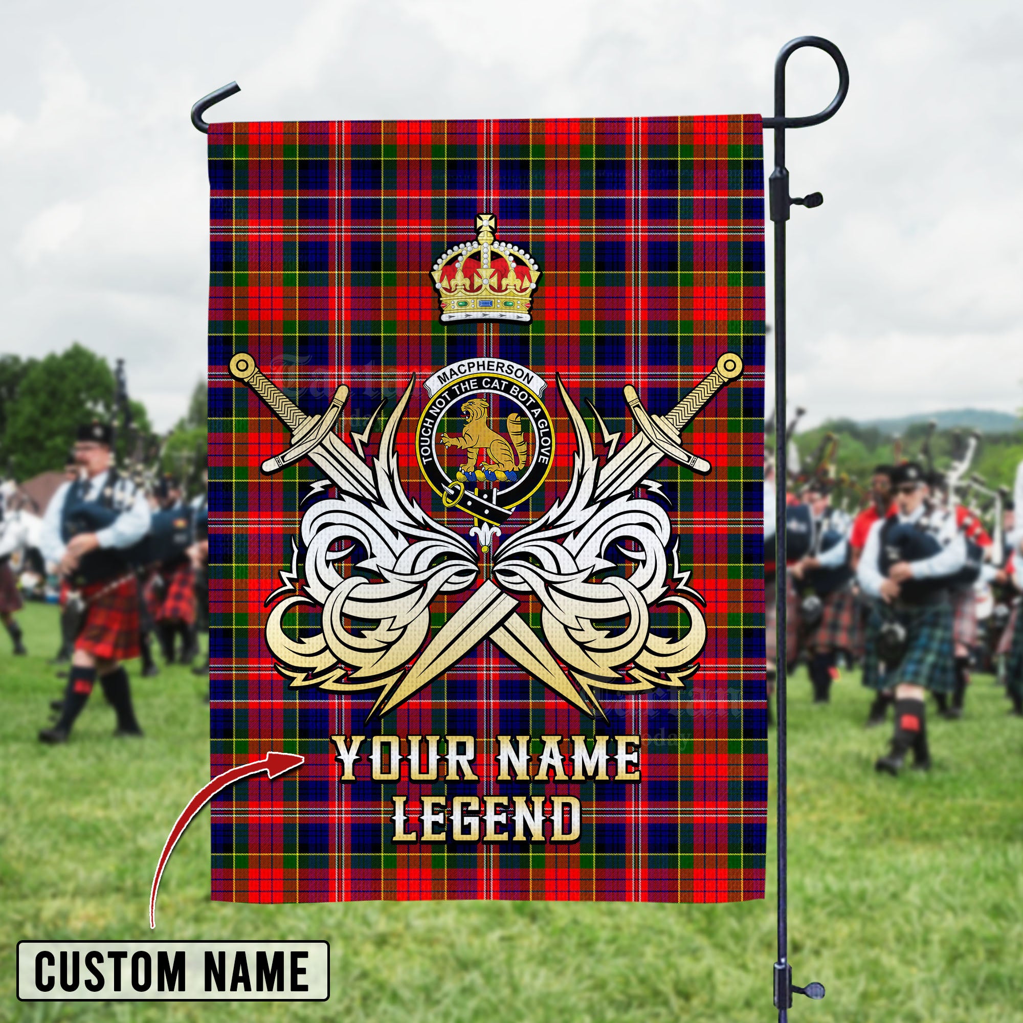Personalized Custom Name Clan MacPherson Modern Tartan Garden Flag with Clan Crest and the Golden Sword of Courageous Legacy UD83 - MacPherson Modern Tartan Design, Scottish Heritage Gift