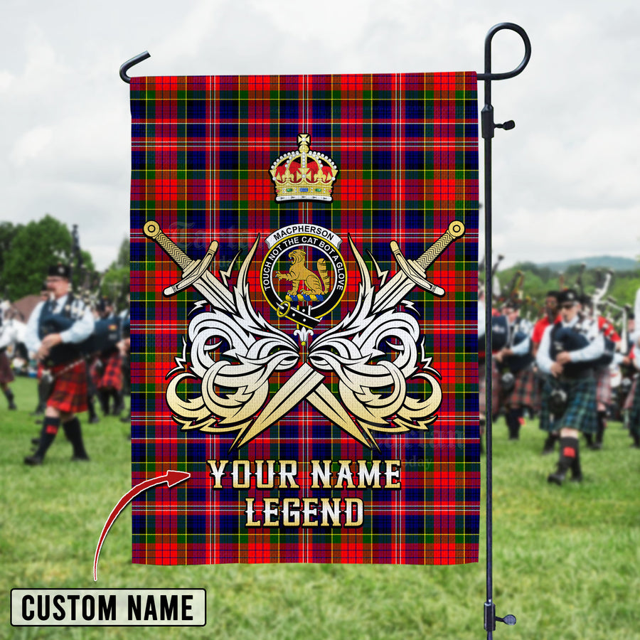Personalized Custom Name Clan MacPherson Modern Tartan Garden Flag with Clan Crest and the Golden Sword of Courageous Legacy UD83 - MacPherson Modern Tartan Design, Scottish Heritage Gift