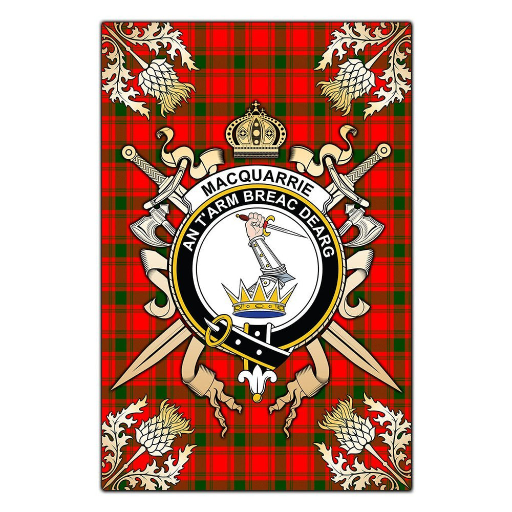 Clan MacQuarrie Modern Tartan Crest Black Garden Flag  - Gold Thistle  ZL55 Clan MacQuarrie Tartan Today   