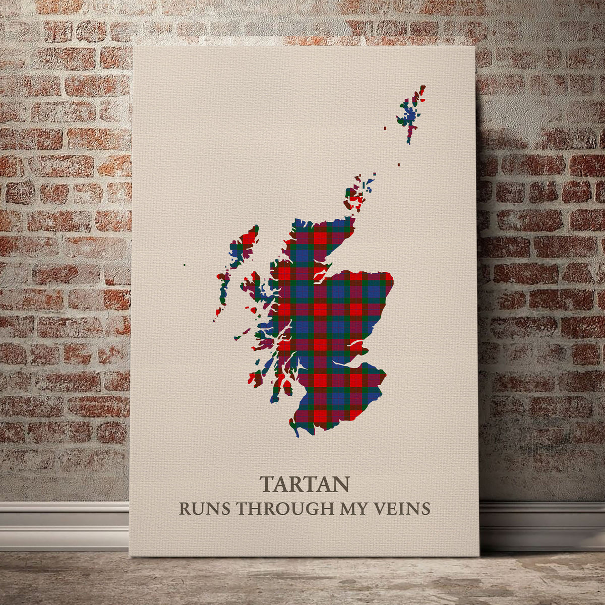 MacQuarrie Modern copy Tartan Scotland Map Canvas – “Tartan Runs Through My Veins” Wall Art