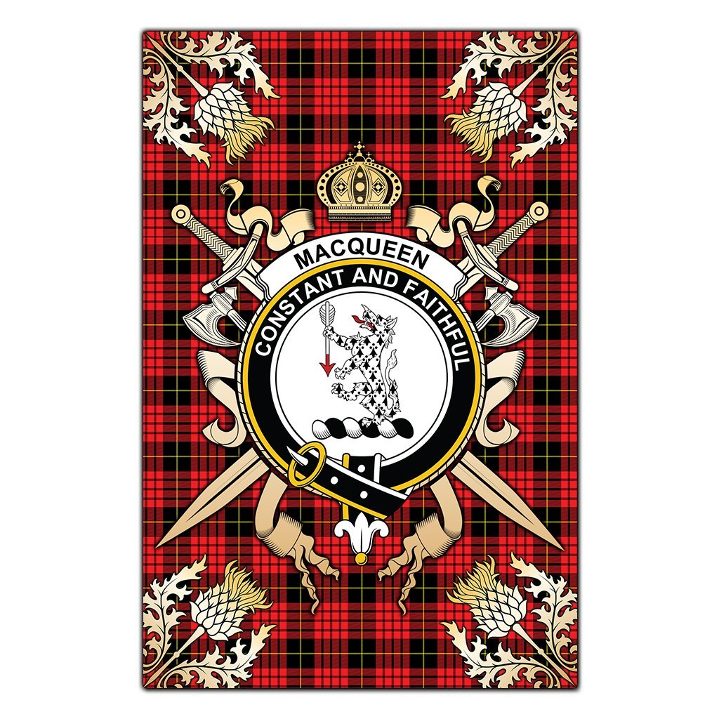 Clan MacQueen Modern Tartan Crest Black Garden Flag  - Gold Thistle  FN46 Clan MacQueen Tartan Today   