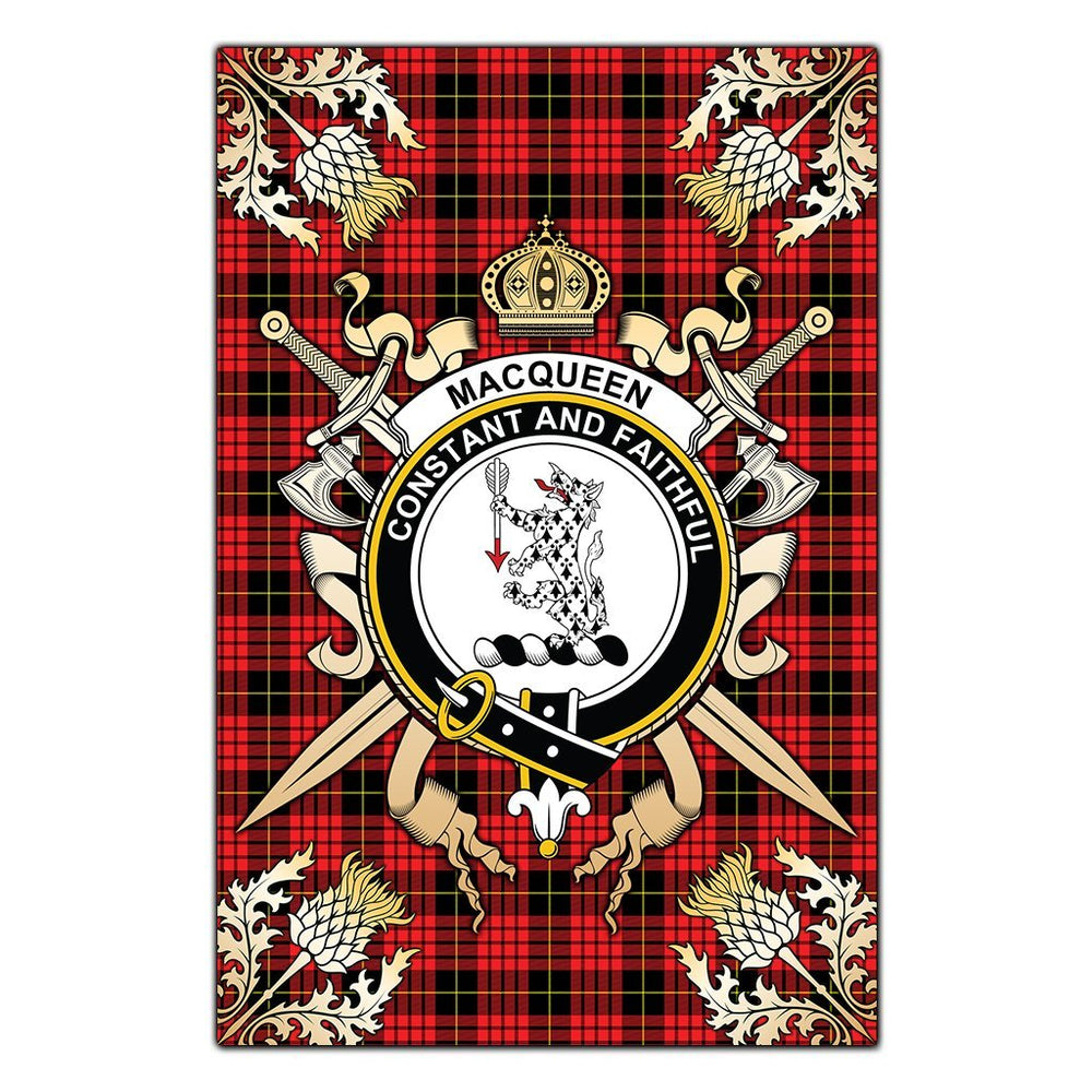 Clan MacQueen Modern Tartan Crest Black Garden Flag  - Gold Thistle  FN46 Clan MacQueen Tartan Today   