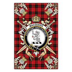 Clan MacQueen Modern Tartan Crest Black Garden Flag  - Gold Thistle  FN46 Clan MacQueen Tartan Today   