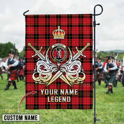Custom Name Clan MacQueen Modern Tartan Garden Flag with Clan Crest and the Golden Sword of Courageous Legacy