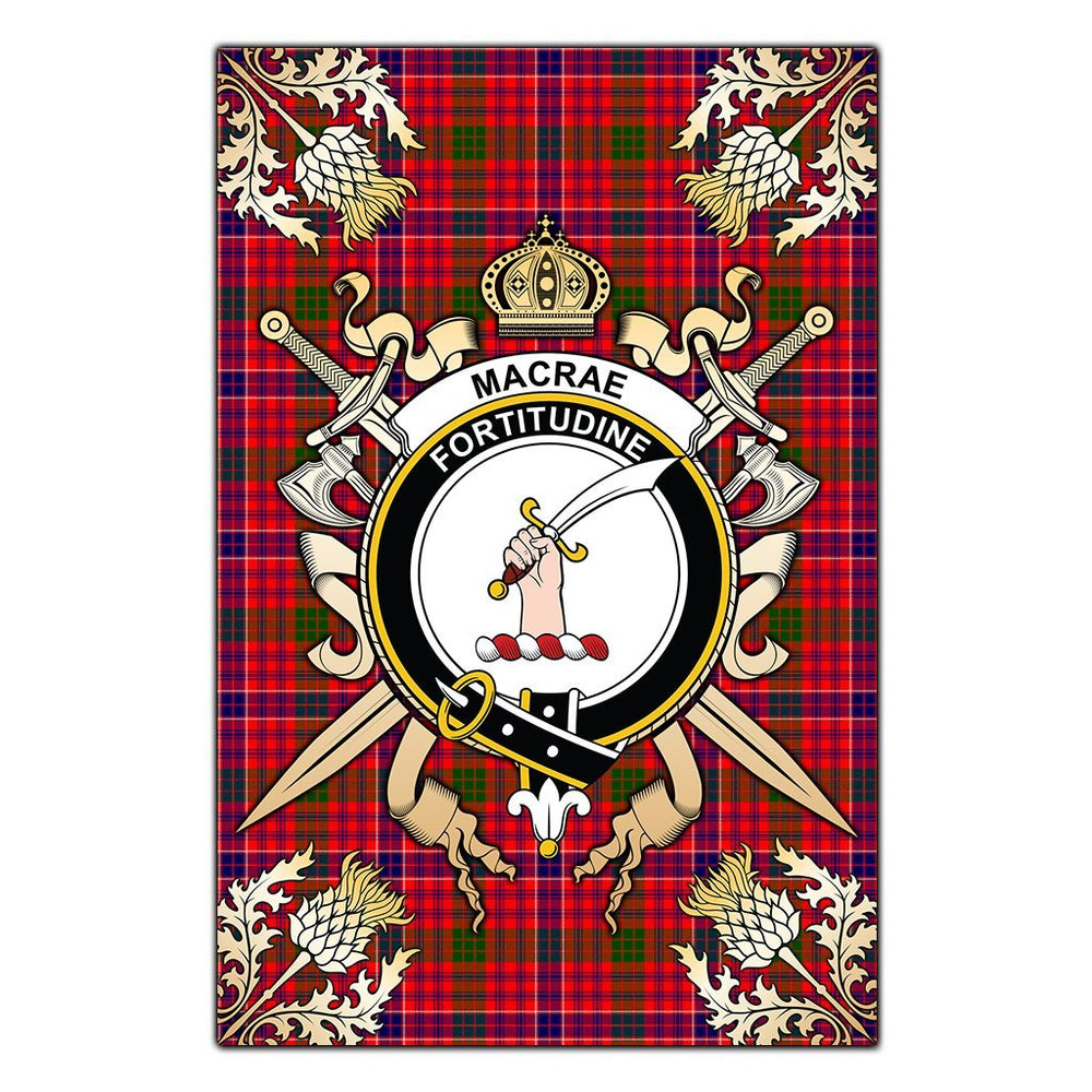 Clan MacRae Modern Tartan Crest Black Garden Flag  - Gold Thistle  FN23 Clan MacRae Tartan Today   