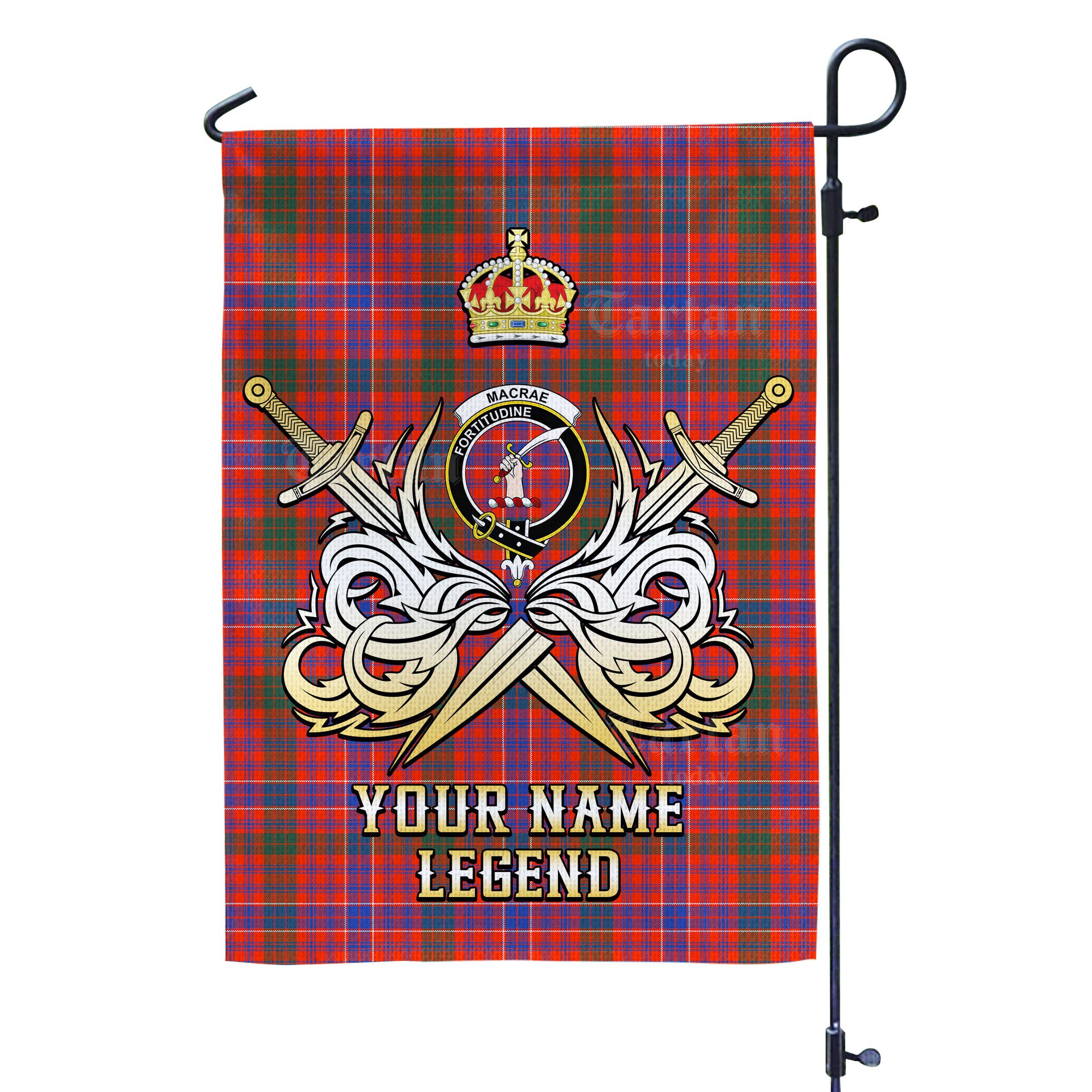 Custom Name Clan MacRae Ancient Tartan Garden Flag with Clan Crest and the Golden Sword of Courageous Legacy AS23