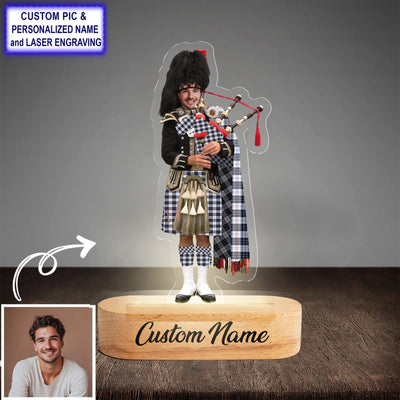 Custom Bagpipe MacRae Dress Modern Tartan LED Night Light - Personalized Scottish Bagpiper Figurine with Wooden Stand