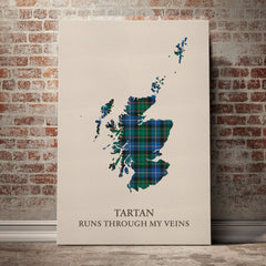 MacRae Hunting Ancient Tartan Scotland Map Canvas – “Tartan Runs Through My Veins” Wall Art