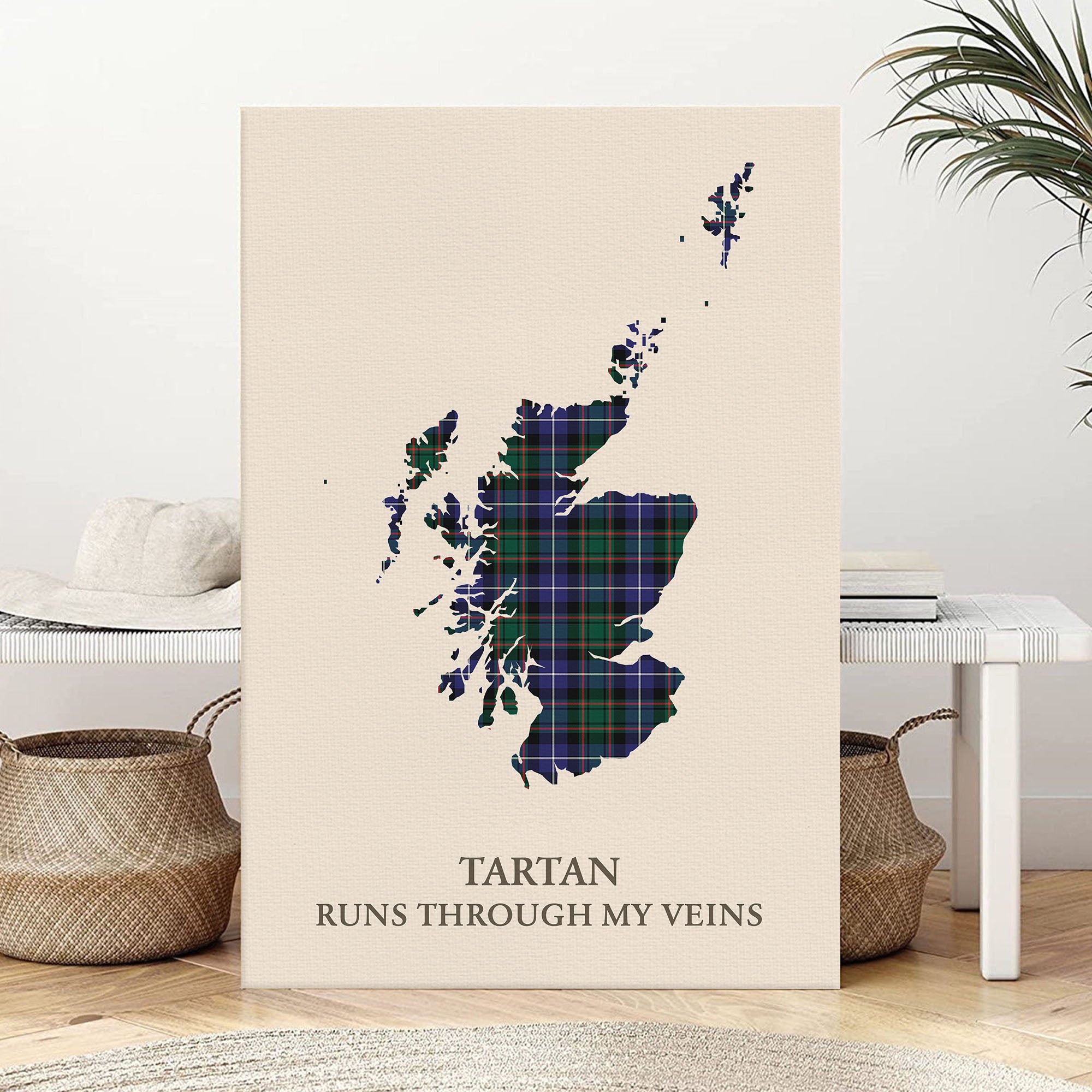 Clan MacRae Hunting Modern Tartan Scotland Map Canvas “Tartan Runs Through My Veins” Wall Art JZ25