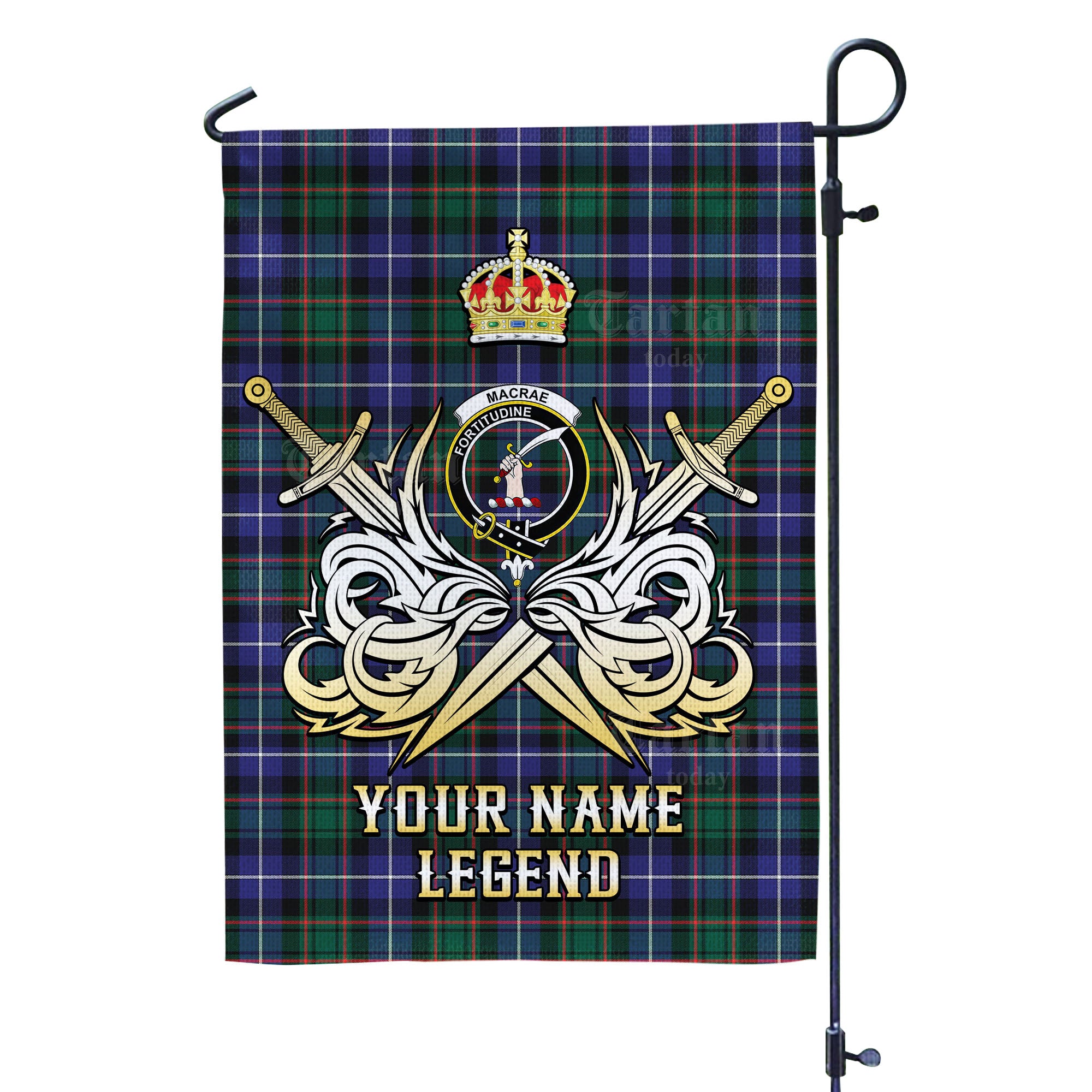 Custom Name Clan MacRae Hunting Modern Tartan Garden Flag with Clan Crest and the Golden Sword of Courageous Legacy DL66