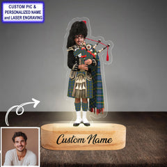 Custom Bagpipe MacSporran Ancient Tartan LED Night Light - Personalized Scottish Bagpiper Figurine with Wooden Stand
