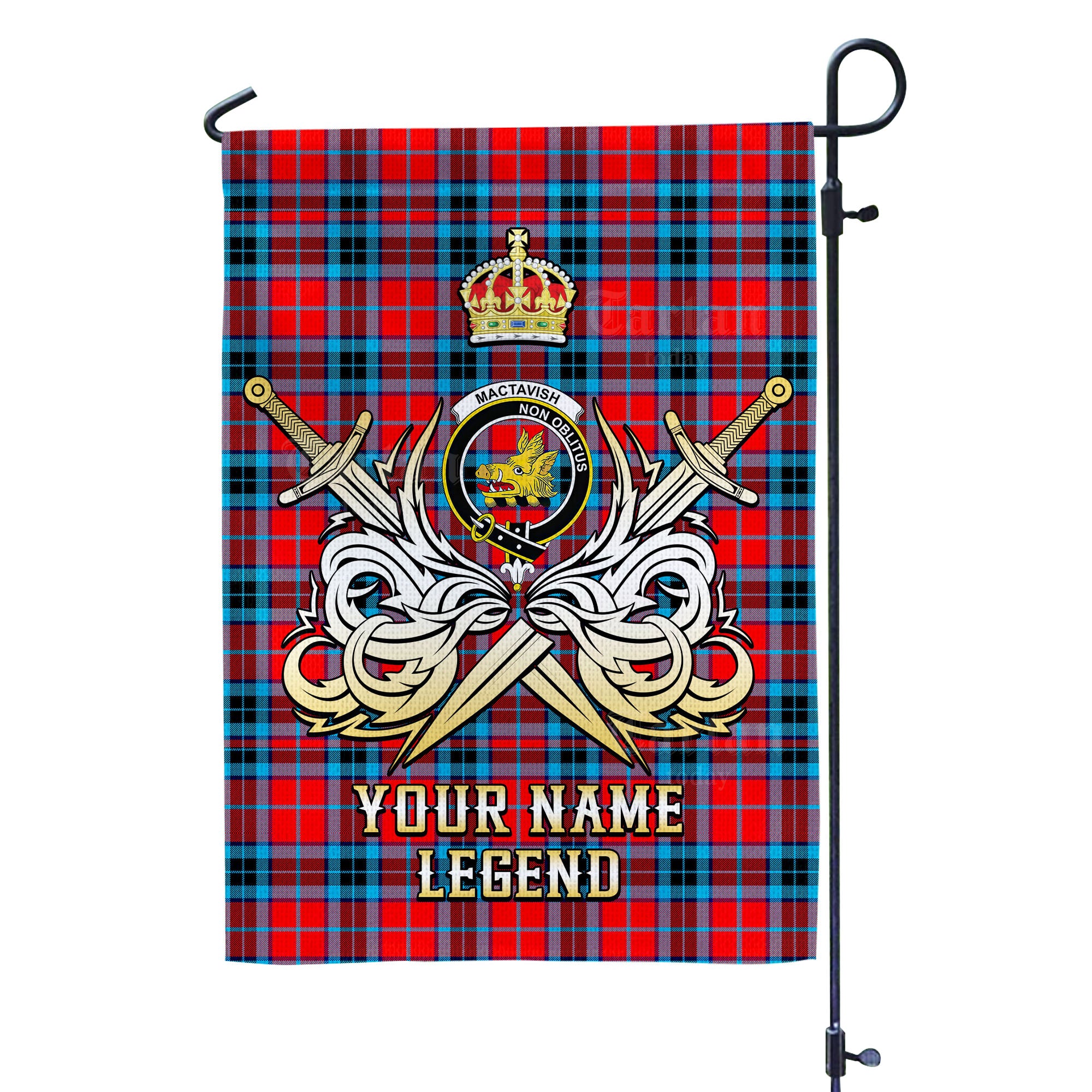 Custom Name Clan MacTavish Modern Tartan Garden Flag with Clan Crest and the Golden Sword of Courageous Legacy OK29