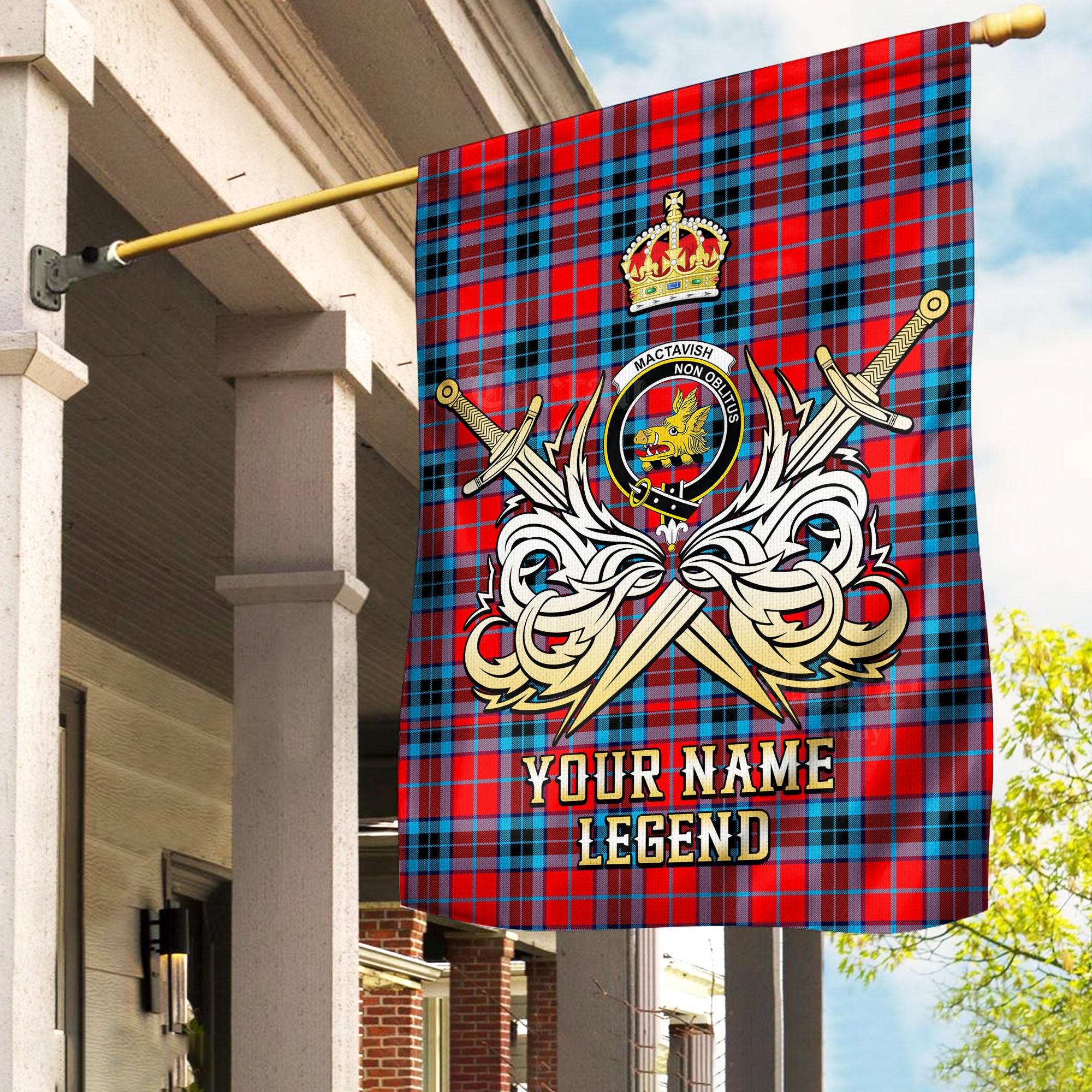 Custom Name Clan MacTavish Modern Tartan Garden Flag with Clan Crest and the Golden Sword of Courageous Legacy OK29