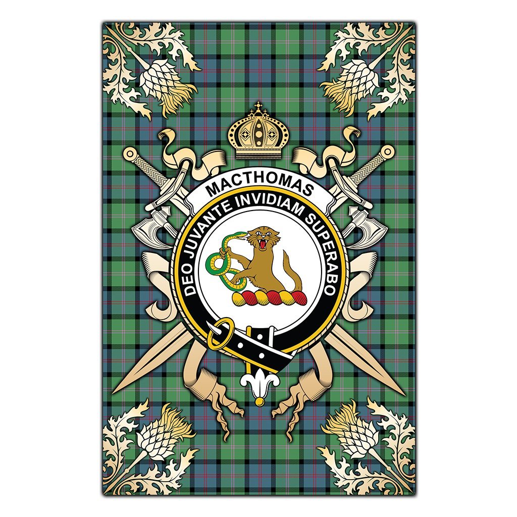 Clan MacThomas Ancient Tartan Crest Black Garden Flag  - Gold Thistle  AU85 Clan MacThomas Tartan Today   