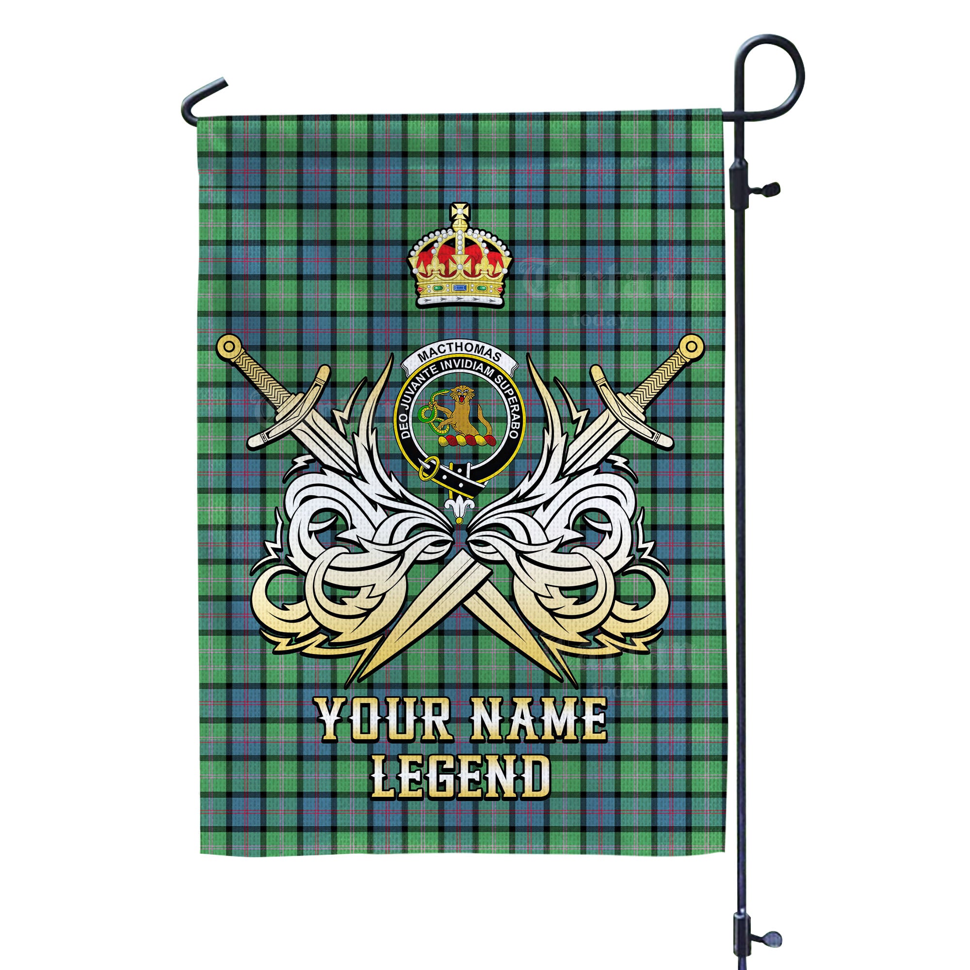 Custom Name Clan MacThomas Ancient Tartan Garden Flag with Clan Crest and the Golden Sword of Courageous Legacy EF23