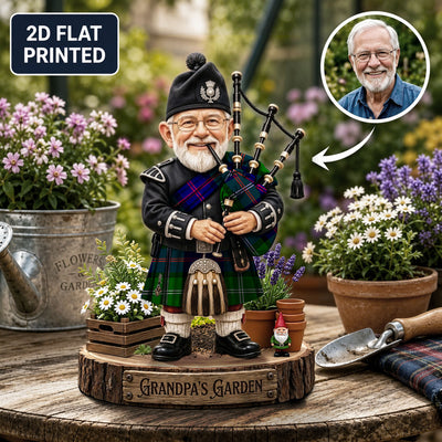 Personalized MacThomas Modern Clan Bagpipe Garden Gnome Caricature Plaque Custom Photo, Any Clan Tartan, Wood or Acrylic, Grandpa & Dad Gift, Scottish Highland Garden Decor TS62