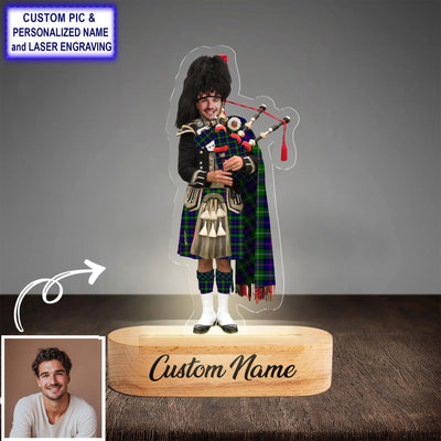 Custom Bagpipe MacThomas Modern Tartan LED Night Light - Personalized Scottish Bagpiper Figurine with Wooden Stand BY88