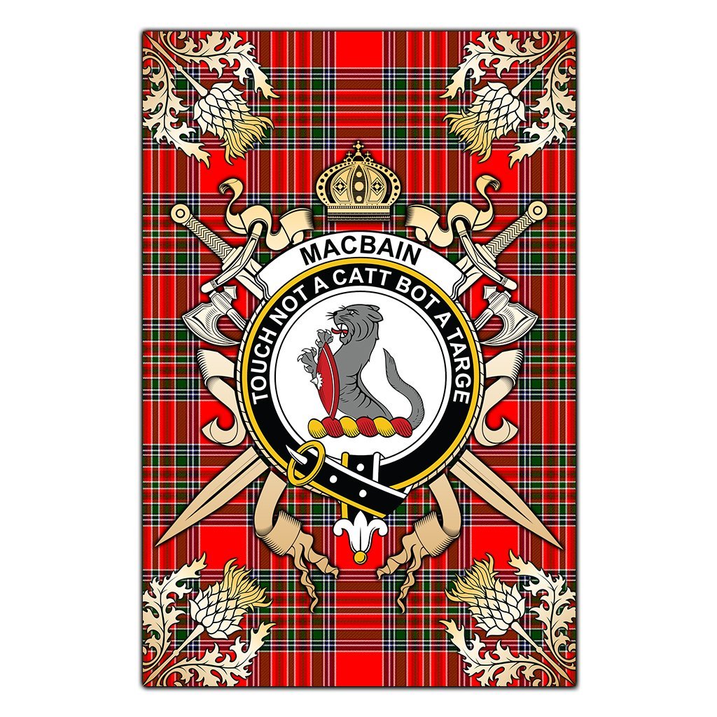 Clan Macbain Tartan Crest Black Garden Flag  - Gold Thistle  QC23 Clan MacBain Tartan Today   