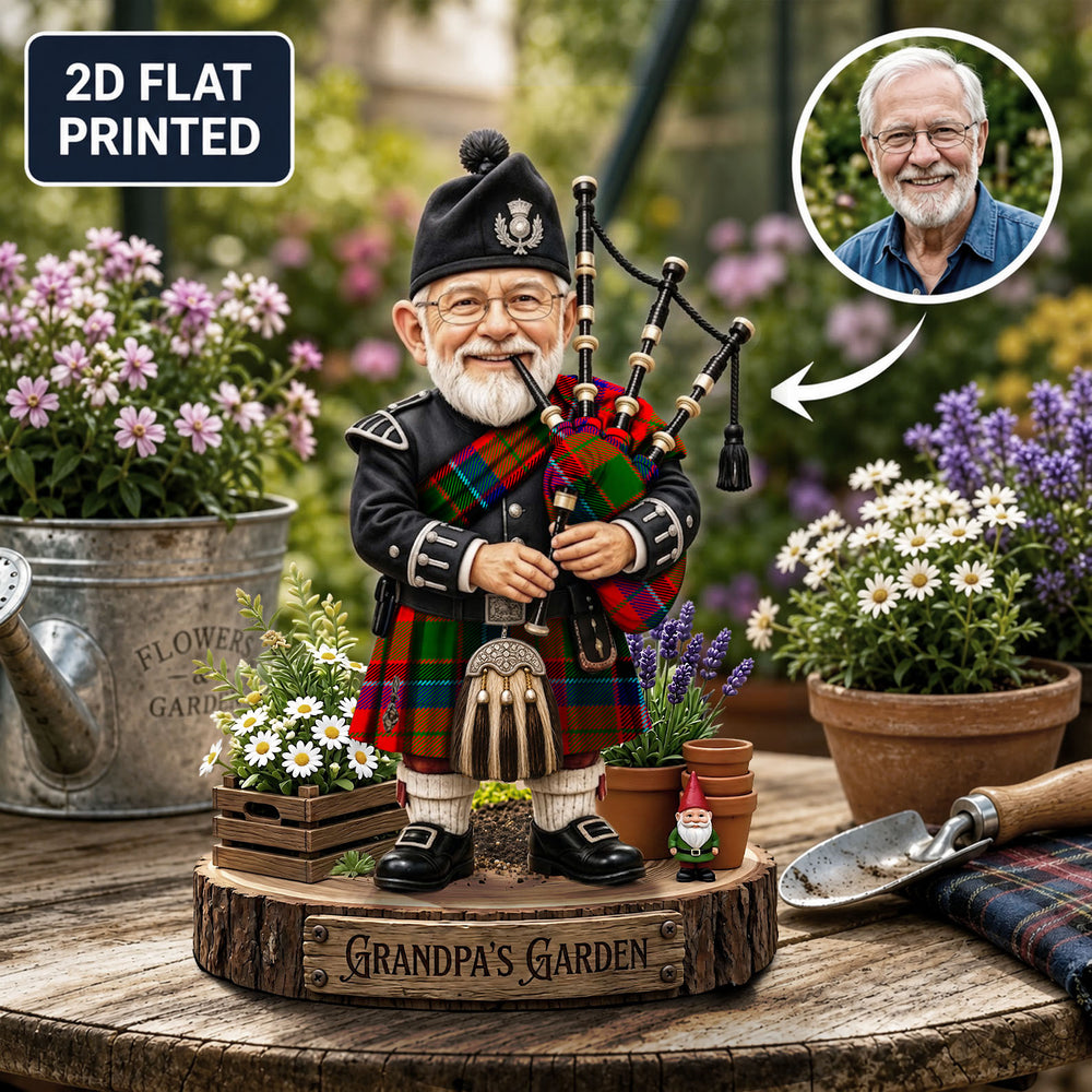 Personalized Macnicol Clan Bagpipe Garden Gnome Caricature Plaque Custom Photo, Any Clan Tartan, Wood or Acrylic, Grandpa & Dad Gift, Scottish Highland Garden Decor XP46