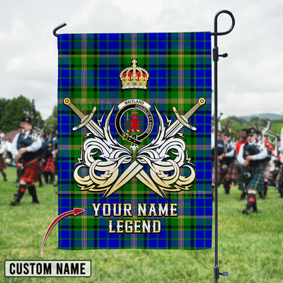 Custom Name Clan Maitland Tartan Garden Flag with Clan Crest and the Golden Sword of Courageous Legacy
