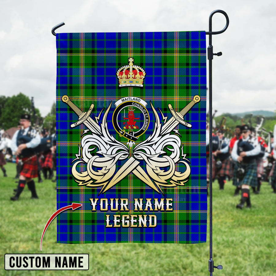 Personalized Custom Name Clan Maitland Tartan Garden Flag with Clan Crest and the Golden Sword of Courageous Legacy MK43 - Maitland Tartan Design, Scottish Heritage Gift