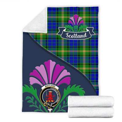 Clan Maitland Tartan Crest Premium Blanket Thistle Style
