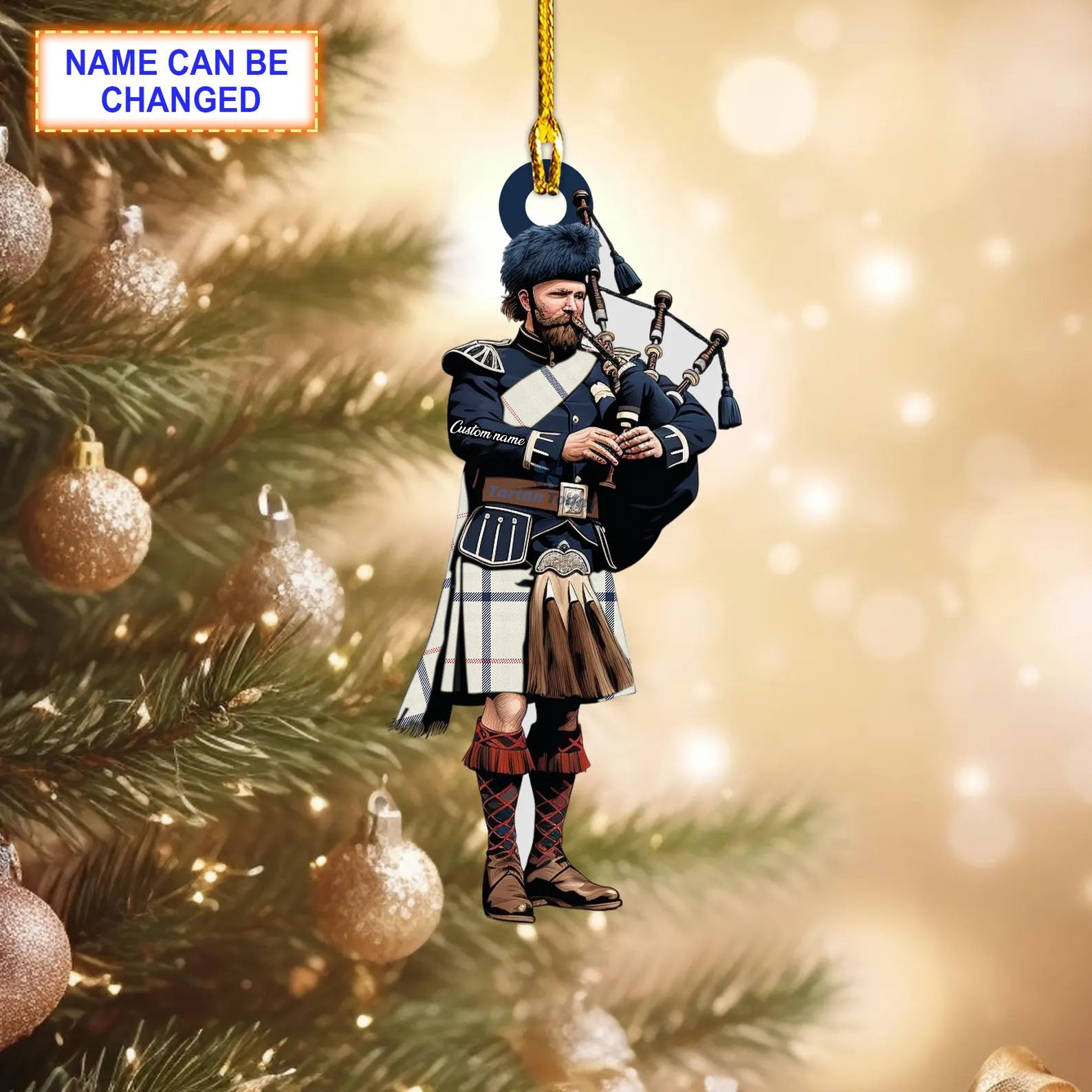 Malmo Sky blue Modern Tartan Bagpipe Ornament with Custom Name