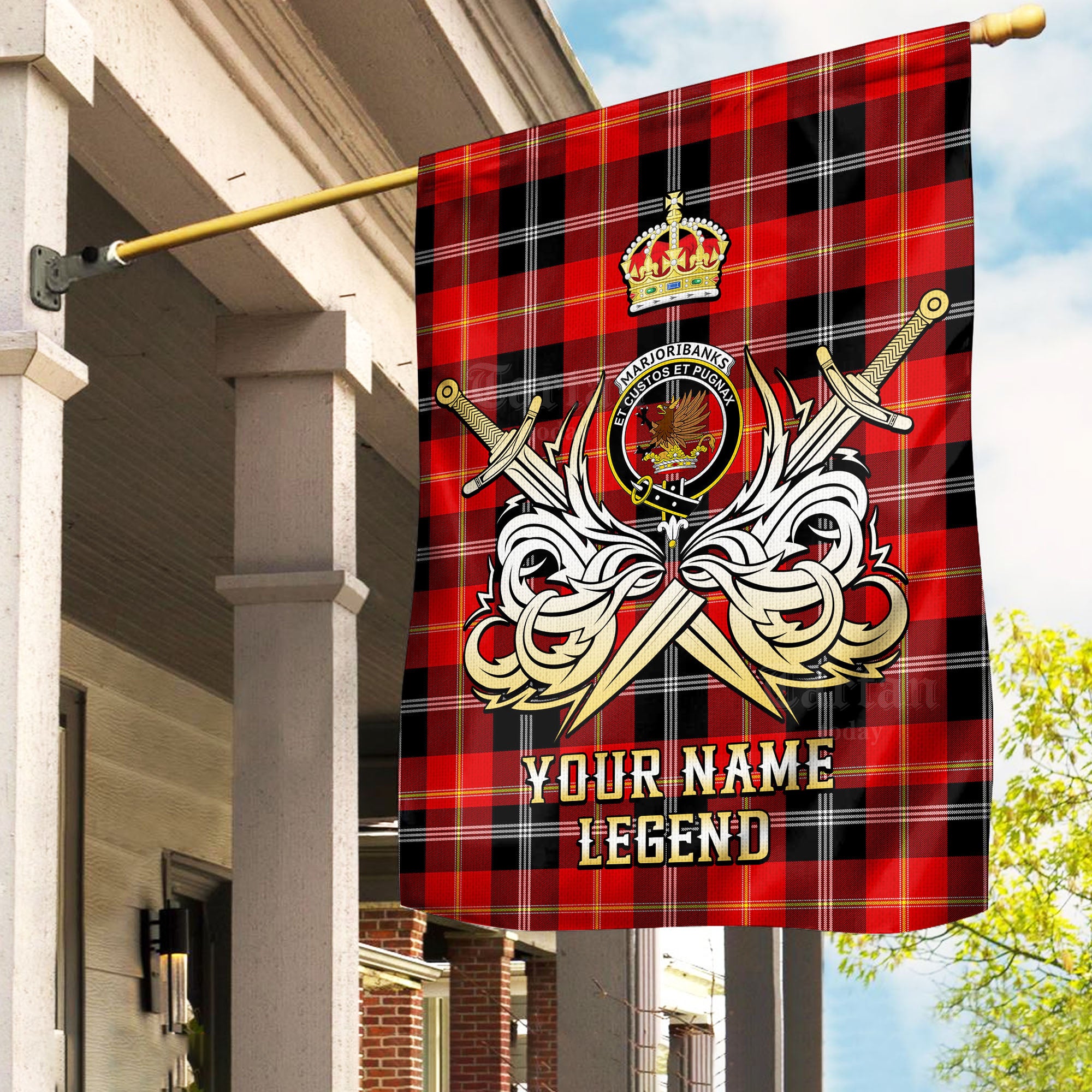 Custom Name Clan Marjoribanks Tartan Garden Flag with Clan Crest and the Golden Sword of Courageous Legacy IO95