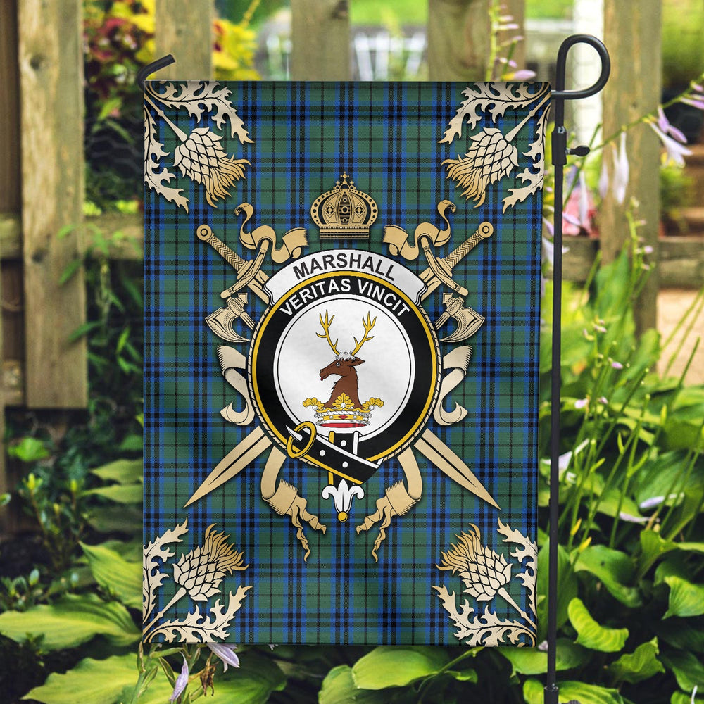 Clan Marshall Tartan Crest Black Garden Flag  - Gold Thistle  NX68 Clan Mar Tartan Today   