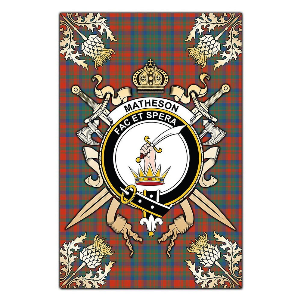 Clan Matheson Ancient Tartan Crest Black Garden Flag  - Gold Thistle  LS60 Clan Matheson Tartan Today   