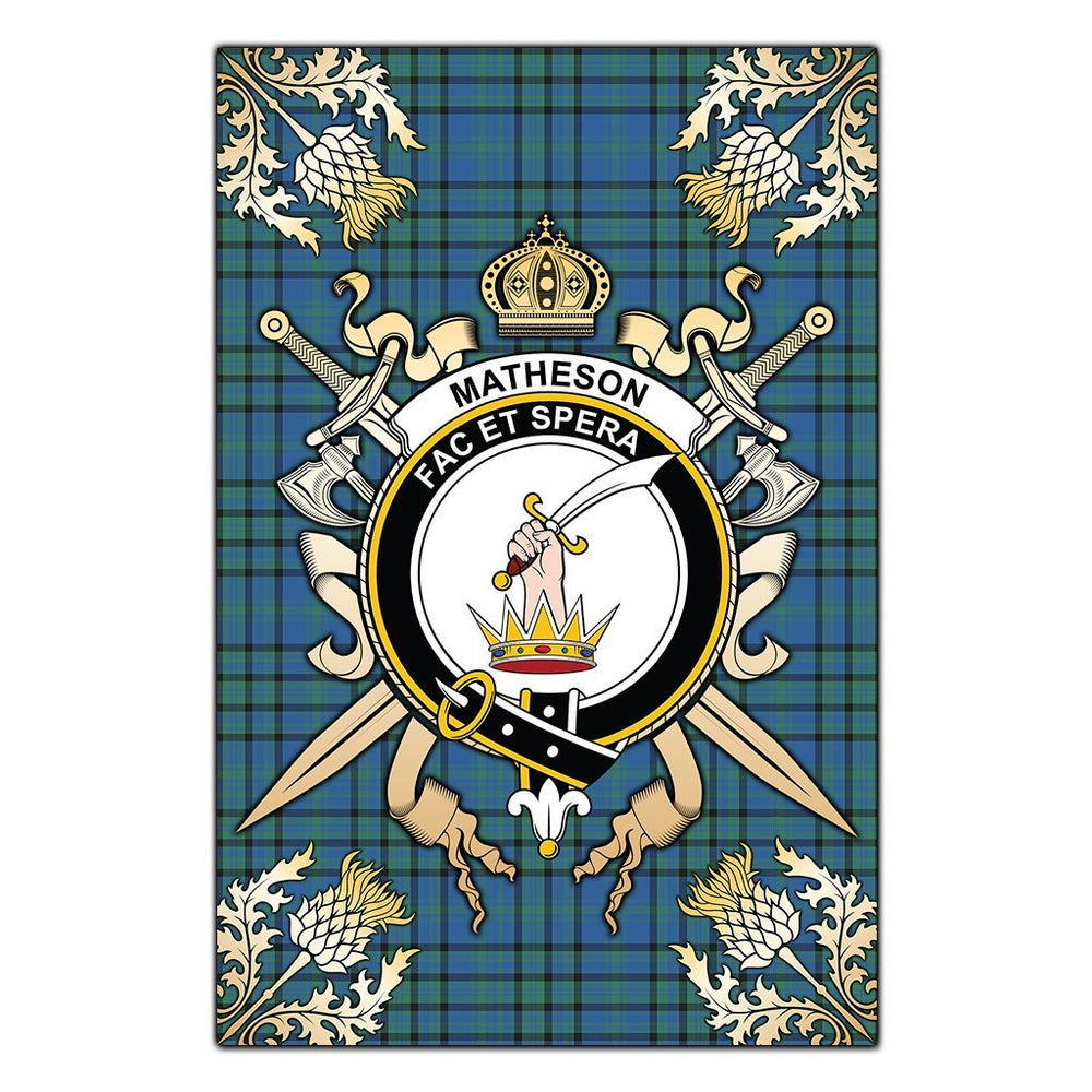 Clan Matheson Hunting Ancient Tartan Crest Black Garden Flag  - Gold Thistle  OC15 Clan Matheson Tartan Today   
