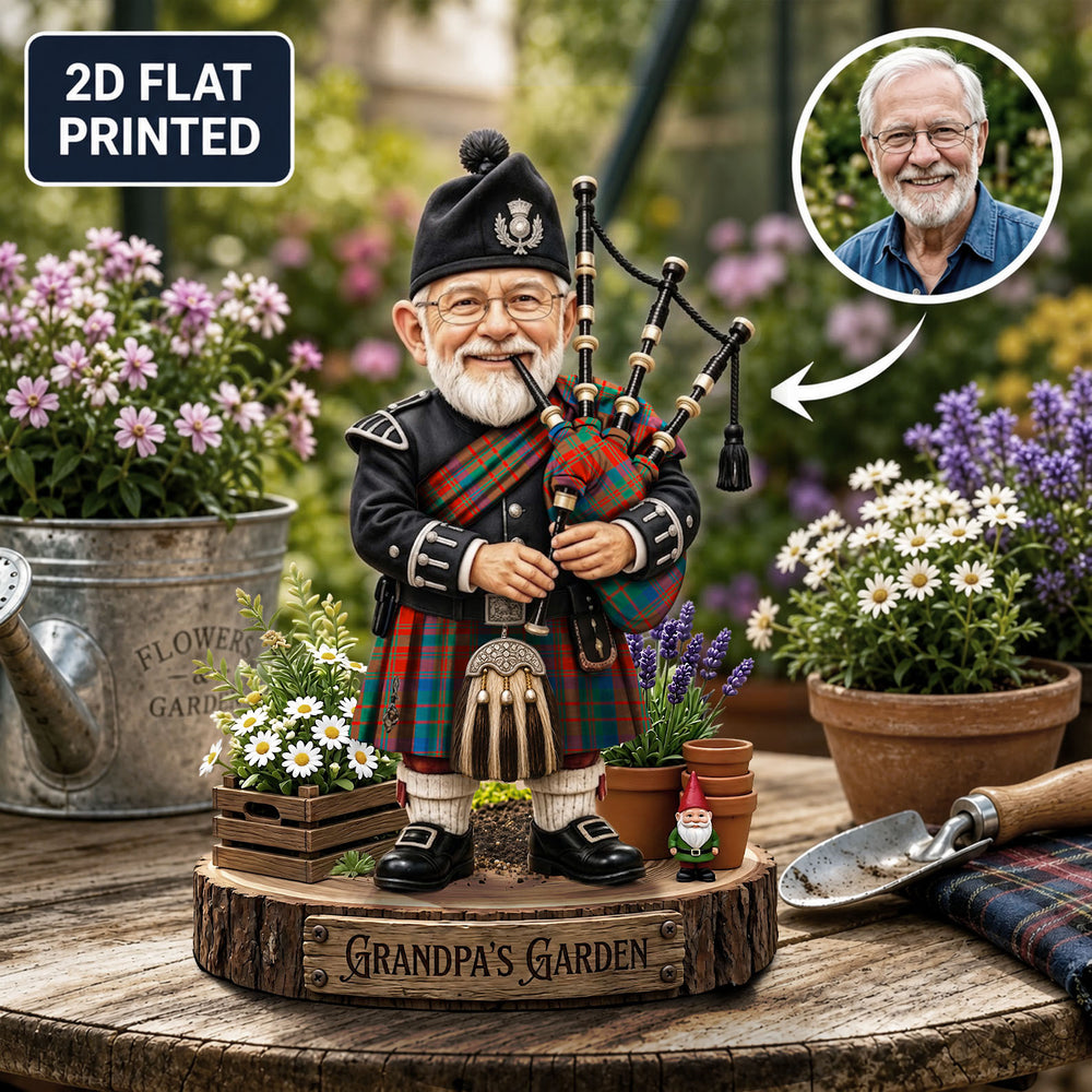 Personalized Matheson Ancient Clan Bagpipe Garden Gnome Caricature Plaque Custom Photo, Any Clan Tartan, Wood or Acrylic, Grandpa & Dad Gift, Scottish Highland Garden Decor VO12