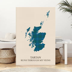 Clan Matheson Hunting Ancient Tartan Scotland Map Canvas “Tartan Runs Through My Veins” Wall Art WO59