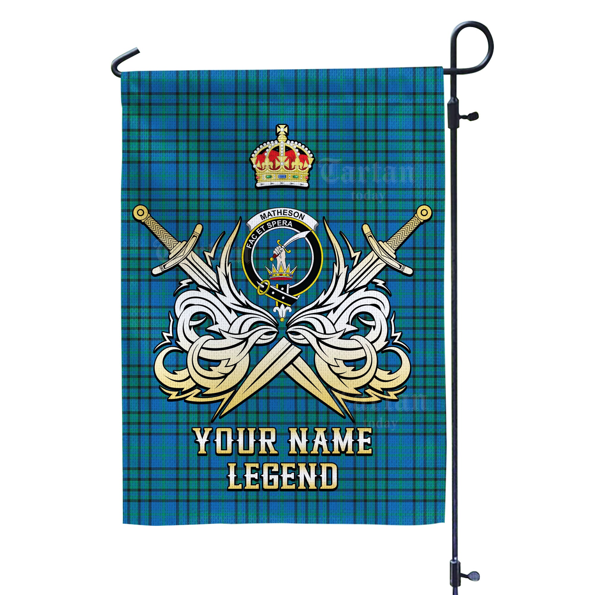Custom Name Clan Matheson Hunting Ancient Tartan Garden Flag with Clan Crest and the Golden Sword of Courageous Legacy XH88