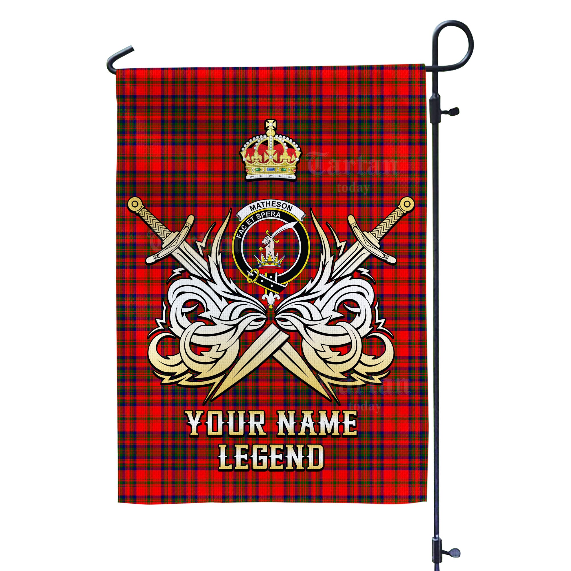 Custom Name Clan Matheson Modern Tartan Garden Flag with Clan Crest and the Golden Sword of Courageous Legacy WE73