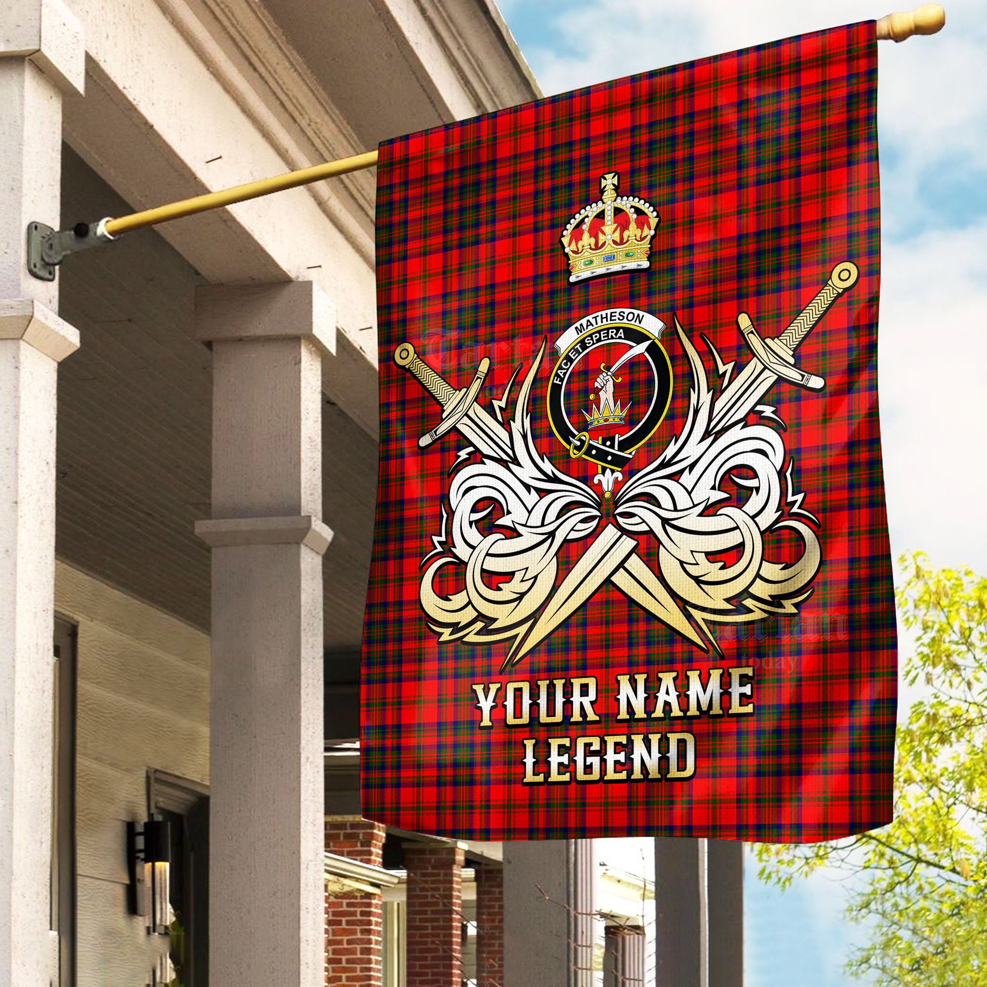 Custom Name Clan Matheson Modern Tartan Garden Flag with Clan Crest and the Golden Sword of Courageous Legacy WE73