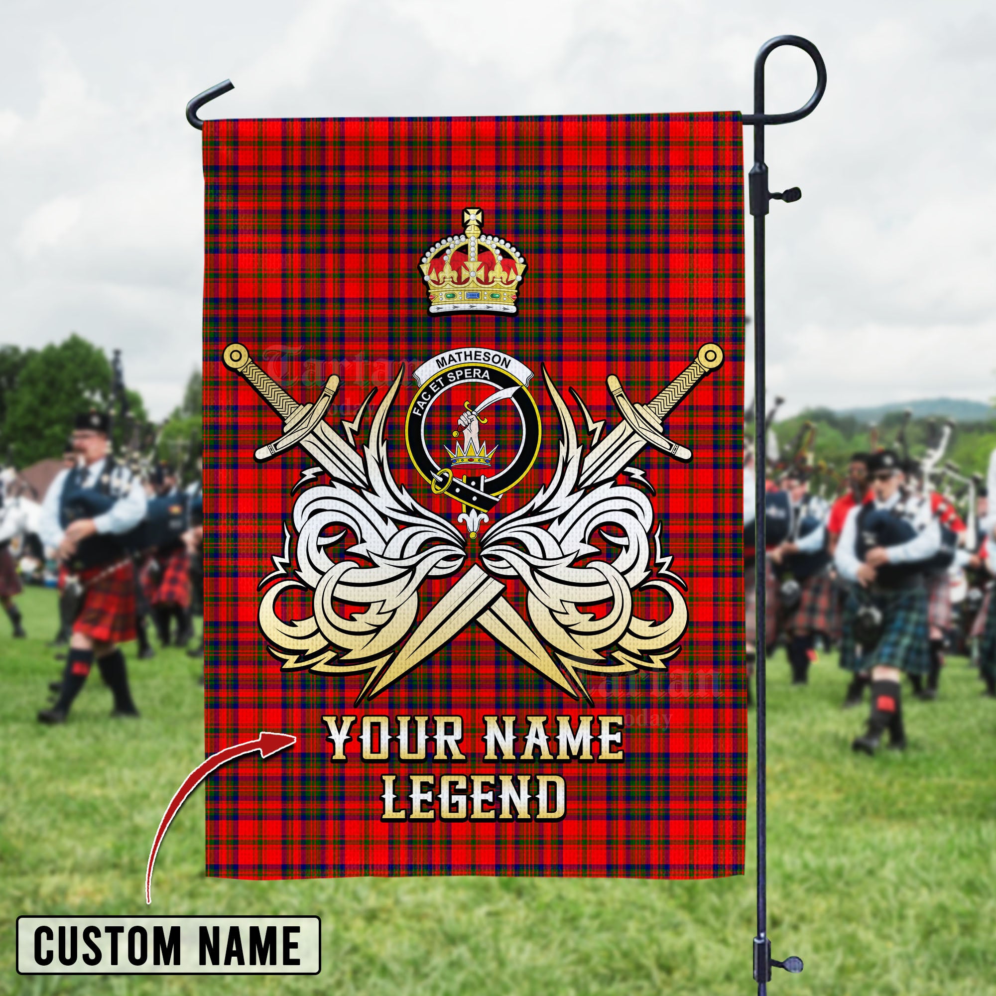 Personalized Custom Name Clan Matheson Modern Tartan Garden Flag with Clan Crest and the Golden Sword of Courageous Legacy WE73 - Matheson Modern Tartan Design, Scottish Heritage Gift