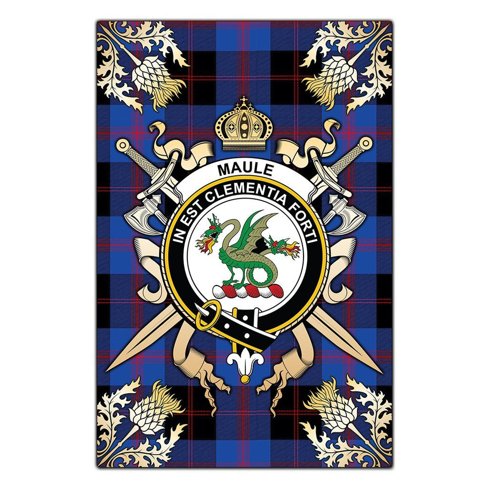 Clan Maule Tartan Crest Black Garden Flag  - Gold Thistle  UO53 Clan Maule Tartan Today   